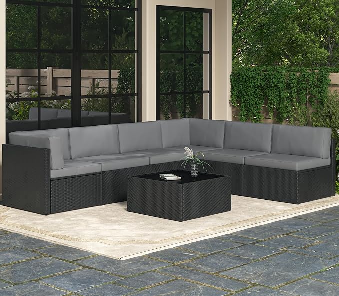 AECOJOY 7 Piece Outdoor Patio Furniture Set, Outdoor Sectional Conversation Furniture Chair with Coffee Table,Patio Sectional for Garden,Backyard(Grey Cushions and Black PE Rattan)