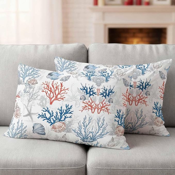 Summer Nautical Outdoor Waterproof Throw Pillow Covers Set of 2, 20"x12", Red Blue Coral Seashell Coastal Vintage Decorative Pillow Covers Outside Cushion Case for Patio Porch Garden