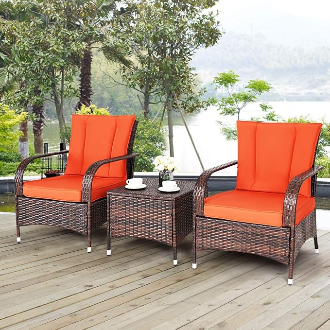 Tangkula 3 Piece Patio Furniture Set, 2 Wicker Chairs with Glass Top Coffee Table, Outdoor Garden Porch Poolside Furniture Set for 2, Rattan Conversation Set