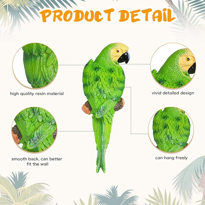 Jetec Parrot Decor Outdoor Tiki Bar Decor Large Realistic Parrot Statues Outside Lifelike Bird Sculptures Garden Patio Yard Lawn Figurines for Tropical Animal Tree Wall(2 Pcs,Green, Red)