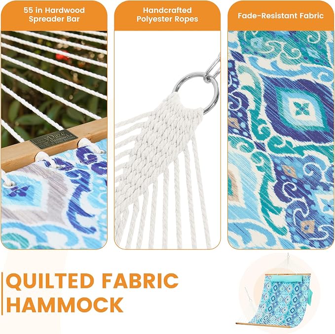 Lazy Daze Hammocks 10.5FT 2 Person Double Quilted Fabric Hammock with Spreader Bar, Detachable Pillow, Side Pocket, Carabiners, Chains, Straps for Outdoor, 450lbs Capacity, Floral Auqa