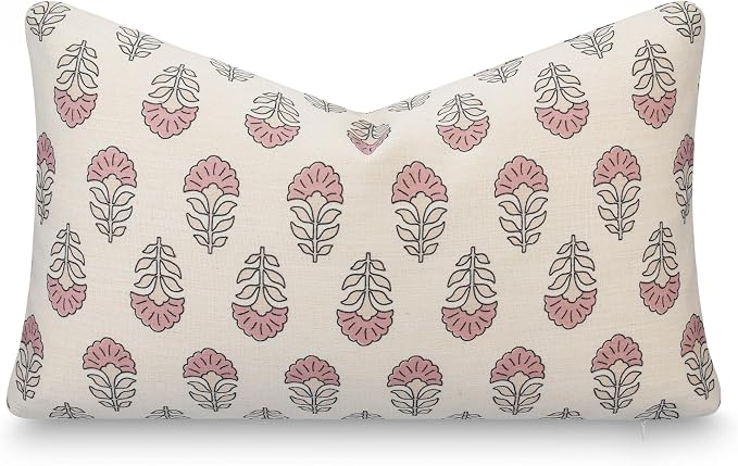 Crumbs Home Modern Farmhouse California Casual Indoor Outdoor Lumbar Pillow Cover, 12"x20" Water Repellent for Patio, Backyard, Couch, Poolside, Earth Tone Dark Rose Ivory Cream Block Print Flowers