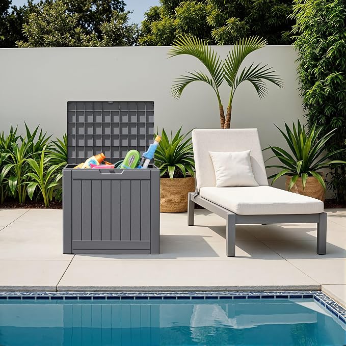 Flamaker Resin Deck Box 40 Gallon Waterproof Outdoor Indoor Storage Box Imitation Wood Resin for Patio Furniture Garden Tools and Pool (Gray)