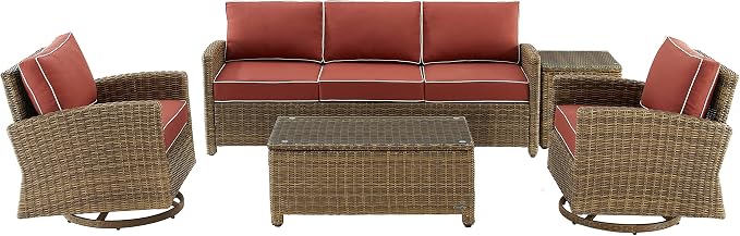 Crosley Furniture Bradenton 5-Piece Wicker Outdoor Sofa and Swivel Rocker Patio Furniture Set for Porch, Brown with Sangria Cushions