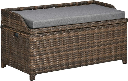 Outdoor Wicker Storage Bench Deck Box, PE Rattan Patio Furniture Pool Container Storage Bin with Interior Waterproof Bag and Comfortable Cushion, Gray