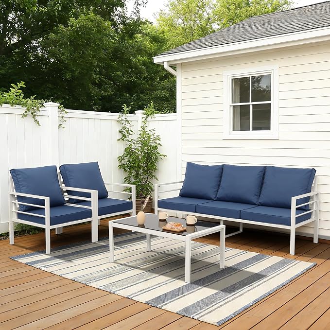Oasishine Patio Furniture Set Aluminum 4 Pieces White Metal Outdoor Furniture Set Glass Coffee Table with No-Slip Cushions and Waterproof Covers, Navy Blue