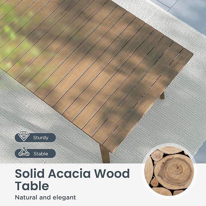 PHI VILLA 7 Pieces Acacia Wood Outdoor Dining Set for 6, Teak Large Wooden Table & Chairs with Wicker Seat and Back, Farmhouse Patio Furniture Set for Deck, Yard, Porch - Light Brown