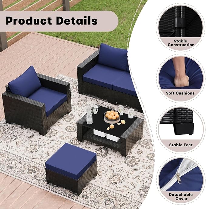 7 Piece Outdoor Patio Furniture Set with Wicker Sectional Sofa, Ergonomic Armrests Couch, Cushions Included and 2-Tier Tempered Glass Coffee Table for Conversation Sets on Deck Backyard Porch