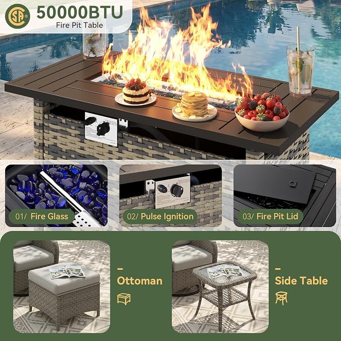 Aoxun 9-Piece Patio Furniture Set with 44” Fire Pit Table, Wicker Outdoor Sectional Sofa with High Back Swivel Rocker Chairs, Outdoor Patio Furniture Set with Thick Cushions & Ottoman, Grey