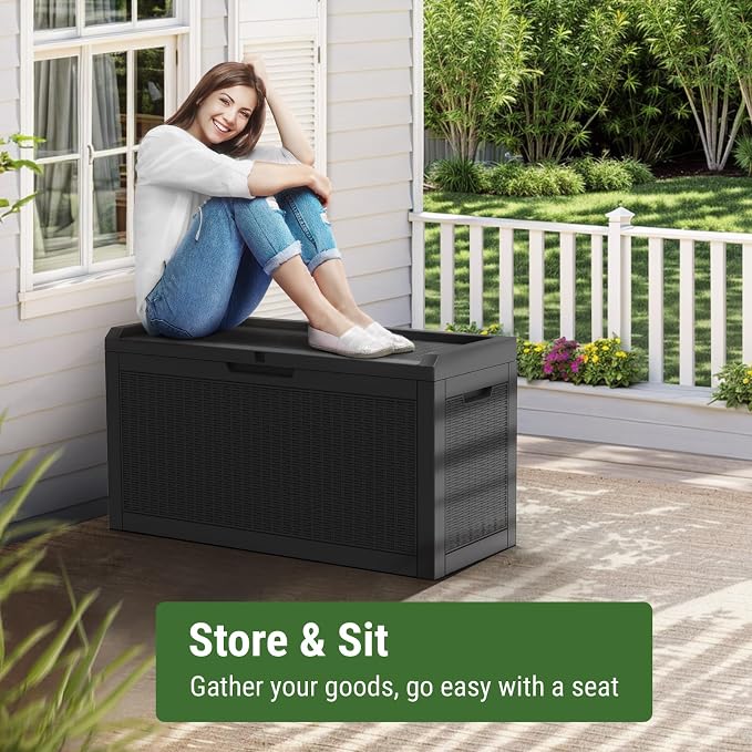 Mars Villa 60 Gallon Deck Box with Seat, Resin Outdoor Storage Box Waterproof, Lockable Lid, Weatherproof and UV Resistant, for Patio Furniture Cushions, Pool Supplies, Garden Tools, Black