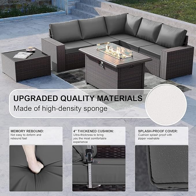 Kullavik 10PCS Outdoor Patio Furniture Set,PE Wicker Rattan Sectional Sofa Patio Conversation Sets with 43" 55000BTU Gas Propane Fire Pit Table,Swivel Rocking Chairs Set,Grey