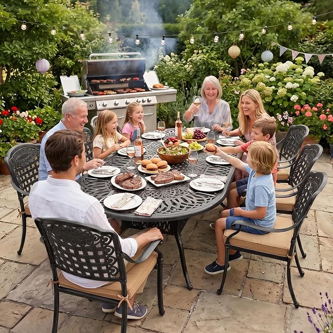 VIVIJASON 9-Piece Patio Furniture Dining Set, Rust-Free Cast Aluminum Outdoor Conversation Set, Include 8 Cushioned Chairs and an Oval Table with Umbrella Hole for Balcony Lawn Garden Backyard