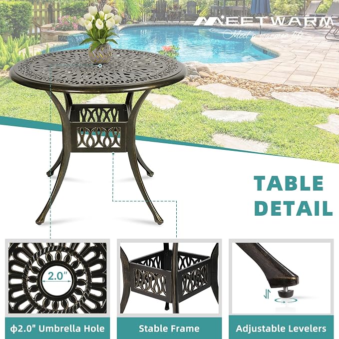 MEETWARM 5 Piece Outdoor Furniture Patio Dining Set, All-Weather Cast Aluminum Patio Table and Chairs Set- 4 Cushioned Chairs, 1 Round Dining Table with Umbrella Hole for Backyard Garden Deck