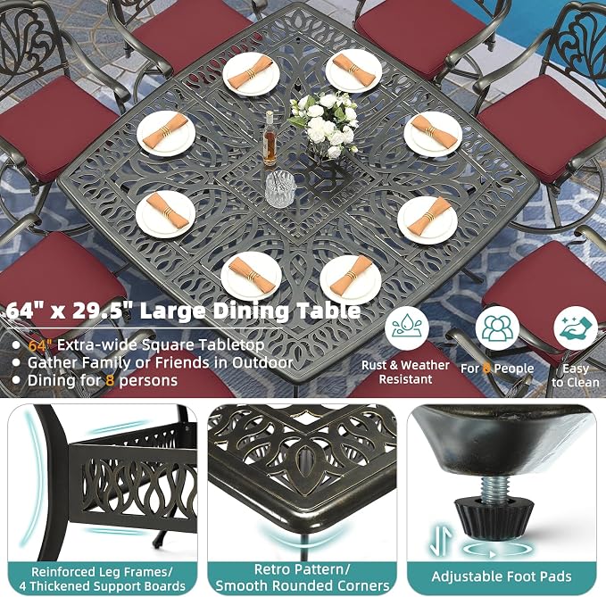 MEETWARM 9-Piece Outdoor Patio Dining Set for 8, All Weather Cast Aluminum Patio Funiture Table and Chairs Set- Large 64" Square Table and 8 Cushioned Swivel Rocker Chairs, 2.2" Umbrella Hole, Red