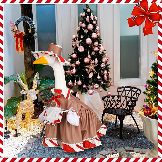 Christmas Porch Goose Outfit 23 Inch Red White Candy Goose Clothes for Cement or Plastic Geese Costume for Yard Lawn Garden Patio Outdoor Concrete Santa Duck Statue Dresses Gingerbread Holiday Decor