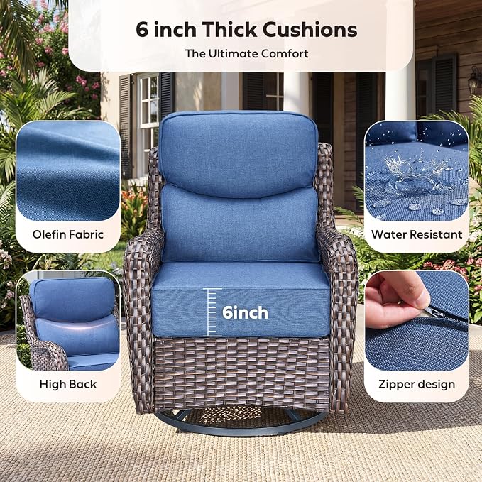Rilyson Wicker Outdoor Swivel Rocker Chairs - All Weather Resistant Wicker Patio Furniture Set of 2 with High Back and 6 inch Thick Cushions for Deck Porch Yard and Poolside, Brown/Blue