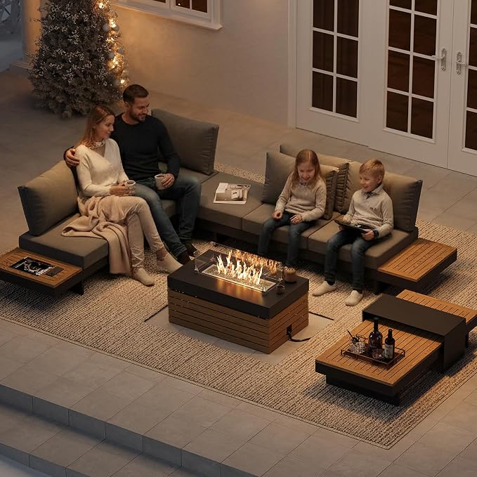 homary Patio Conversation Sets with Fire Pit, Modular Outdoor Sofa Aluminum & Teak Outdoor Sofa Se with Glass Wind Guard Ideal for Patios & Balconies, 6 Pepole