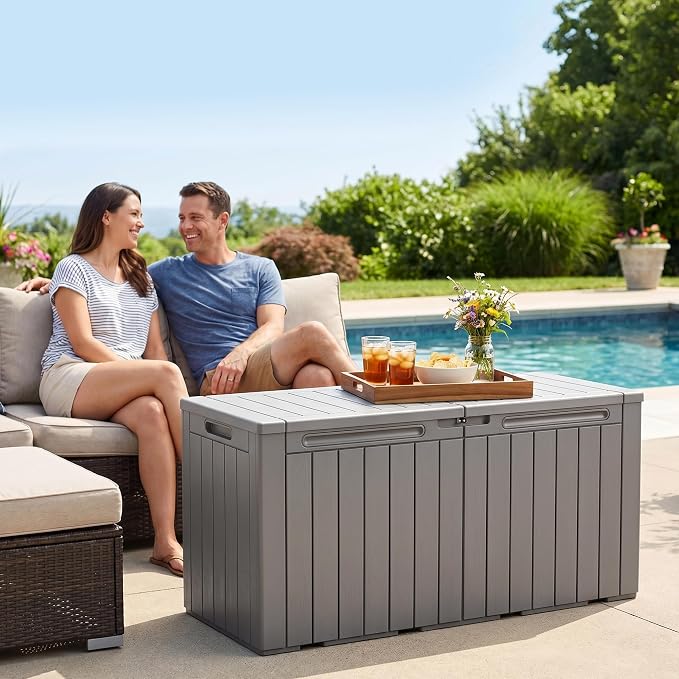 110 Gallon Deck Box Outdoor Indoor Waterproof Storage Box for Patio Furniture, Pool Accessories, Garden Tools, and Cushion Storage, Coffee