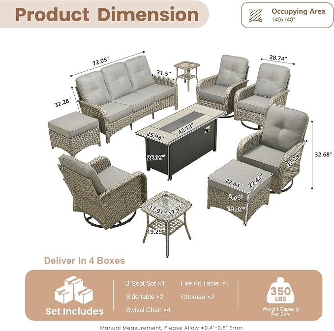 HOOOWOOO Outdoor Patio Furniture Set with Fire Pit Table,10 Pieces Wicker Conversation Set,All Weather High Back Couch Sofa Swivel Chairs Ottomans Ottomans Set,Charcoal Gray