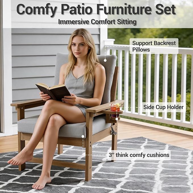HDPE 7 Piece Patio Furniture Set, Outdoor Sectional Sofa with Coffee Table, Side Table and Seat Cusions, Patio Conversation Set for Party, Backyard, Porch, Deck, Poolside, Brown & Grey