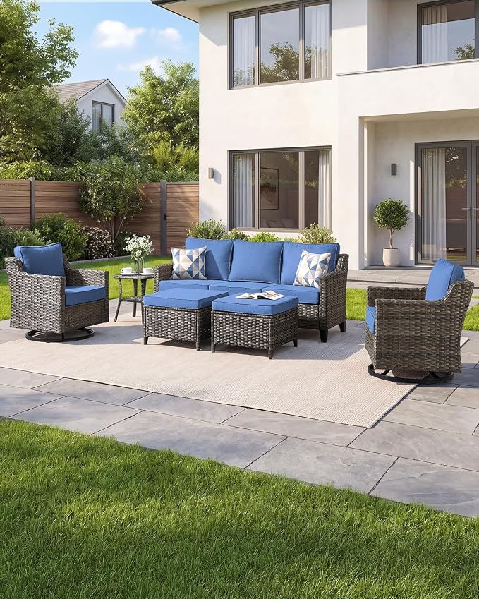 Outdoor Furniture Set of 6, Patio Chairs with Luxury 4" Cushion, Wicker Swivel Rocker Patio Chairs, and Side Table, High Back&Deep Seat for Garden Deck Porch Balcony Backyard - Blue