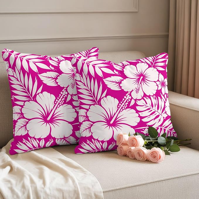 Pink Hibiscus Flowers Waterproof Outdoor Pillow Covers Set of 2 Home Decor, Tropical Monstera Leaves Pillowcase Patio Pillow Covers for Couch Bench Patio Furniture Garden 16x16in