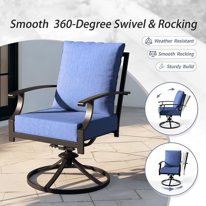 Kullavik 7 Pieces Outdoor Dining Set,Patio Dining Table and Chairs Set for 6,Fence Pattern Back Chairs with Thickened Cushions & X-Frame Metal Dining Table with Umbrella Hole for Patio,Navy Blue