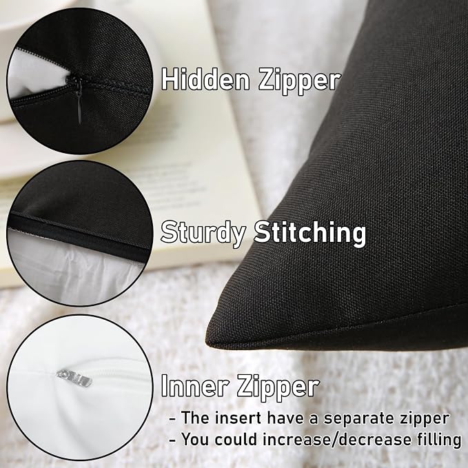 20 x 20 Inch Throw Pillow for Outdoor Seating, Waterproof Lumbar Pillows with Insert, Square Decorative Garden Cushion for Couch Patio Sofa Home Furniture (Black, 20" x 20" (Pack of 2))