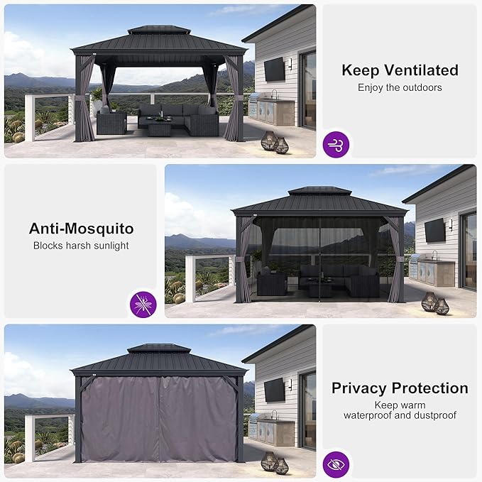 PURPLE LEAF 11 X 13' Permanent Hardtop Gazebo Aluminum Gazebo with Galvanized Steel Double Roof for Patio Lawn and Garden Curtains and Netting Included Grey