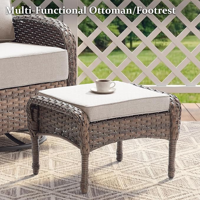 Outdoor Swivel Rocking Chair Patio Set (6-Piece), High-Back - Thick Cushion Swivel Rocking Chair Patio Set, All-Weather Wicker Patio Furniture Set, Suitable for Balcony Patios, Brown/Beige