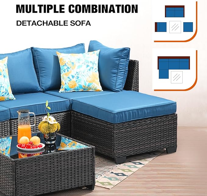 JOYURE 5 Pieces Patio Furniture Set All-Weather Outdoor Wicker Sectional Conversation Sofa Rattan Patio Seating Sofa with Cushion and Glass Table and Ottoman for Porch Poolside,Peacock Blue