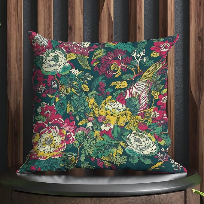 Cushion Cases Chinoiserie Red Peony Floral Throw Pillow Covers Abstract Green and Pink Pillow Cover Accent Square Couch Sofa Cushion Covers for Patio Couch Tent Sofa 18x18 in
