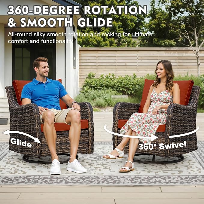MEISSALIVVE 3 Pieces Patio Furniture Set with Swivel Chair, Outdoor Swivel Rocker with Washable Cushions & Tempered Glass Tabletop, Outdoor Rattan Conversation Set for Lawn Backyard Porch (Red)