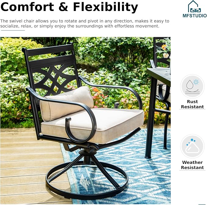 MFSTUDIO 7-Piece Patio Dining Set, 61.5" Metal Table, Swivel Chairs | Cushions Chairs, Mixed Swivel and Fixed Chairs, Umbrella Hole, Seats 6, All-Weather Use