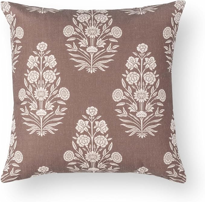 Modern Farmhouse Fall Linen Indoor Outdoor Throw Pillow Cover Only, 20"x20" Water Repellent for Patio, Backyard, Couch, Cocoa Brown Ivory Cream Floral