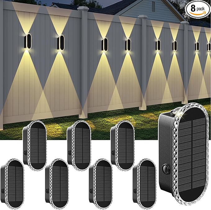 Solar Fence Lights Outdoor - 3000/4000/6000K 3 Modes, IP65 Waterproof Fence Lights Solar Powered, Up & Down Lighting Solar Wall Lights Outdoor for Backyard/Garden/Patio/Garage and Wall decor (8 pack)