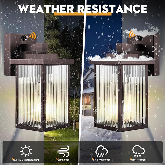 Bronze Dusk to Dawn Wall Mount Porch Lights, Exterior Light Fixtures | Auto On and Off, Anti-Rust Metal Frame, Tempered Glass, E26 Socket, Easy DIY Install on Porch, Garage