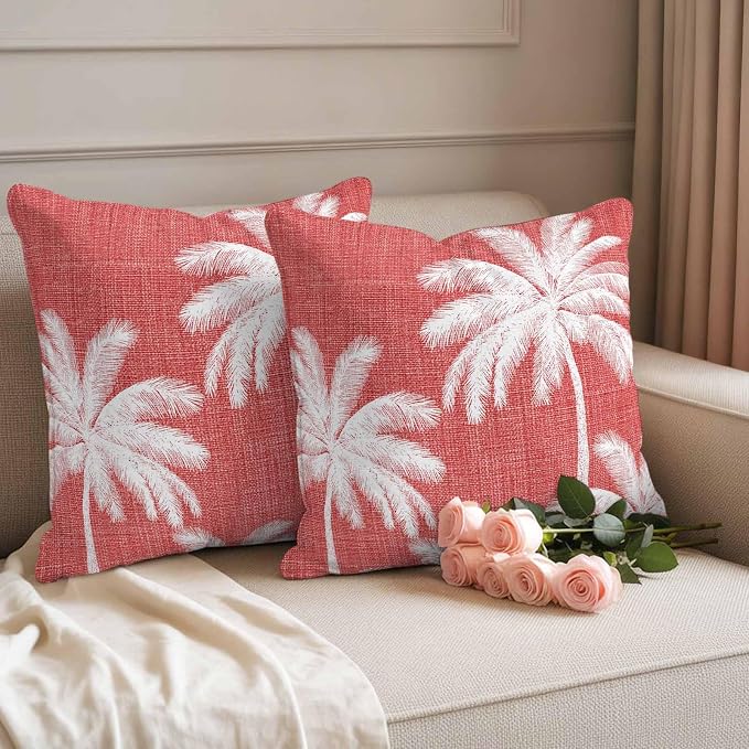 Outdoor Pillow Covers 16x16 Inch Set of 2, Coral Red Palm Trees Waterproof Throw Pillow Covers, Farmhouse Tropical Summer Beach Decorative Cushion Pillowcases for Couch, Sofa, Bed, Garden, Patio