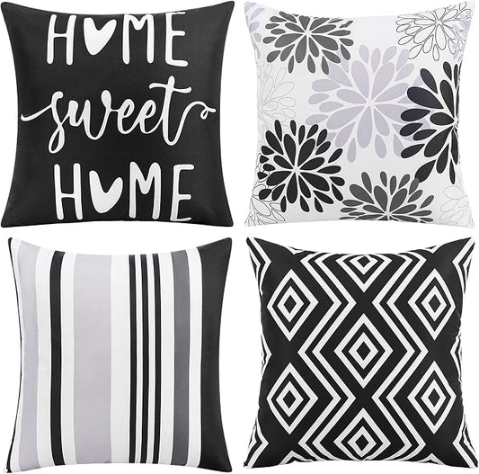 Adabana Outdoor Waterproof Floral Pillow Covers 18x18 Set of 4, Sweet Home | Waterproof Fabric Floral and Stripe Design for Patio, Couch, Garden Decor