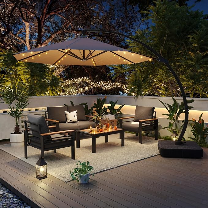 Aoxun Aluminum Patio Furniture Set with Umbrella 4 Seats, Oversized Outdoor Sectional with Washable Thick Cushions, Coffee Table, Patio Conversation Sets for Porch, Balcony, Deck