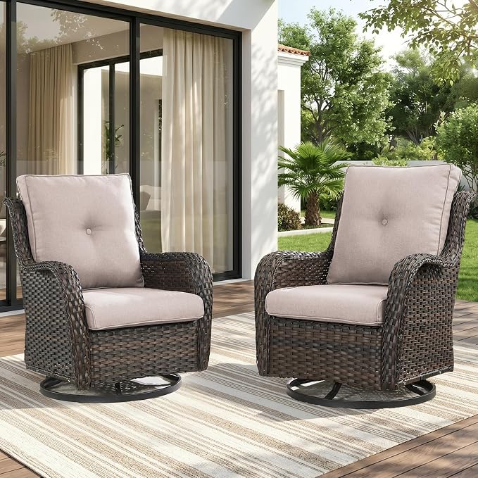 Rilyson Wicker Rocking Chair Swivel Chairs - 2 Piece Rocker Patio Chairs Set Rattan Rocking Chair for Outdoor Porch Deck Garden Backyard (Brown/Beige)