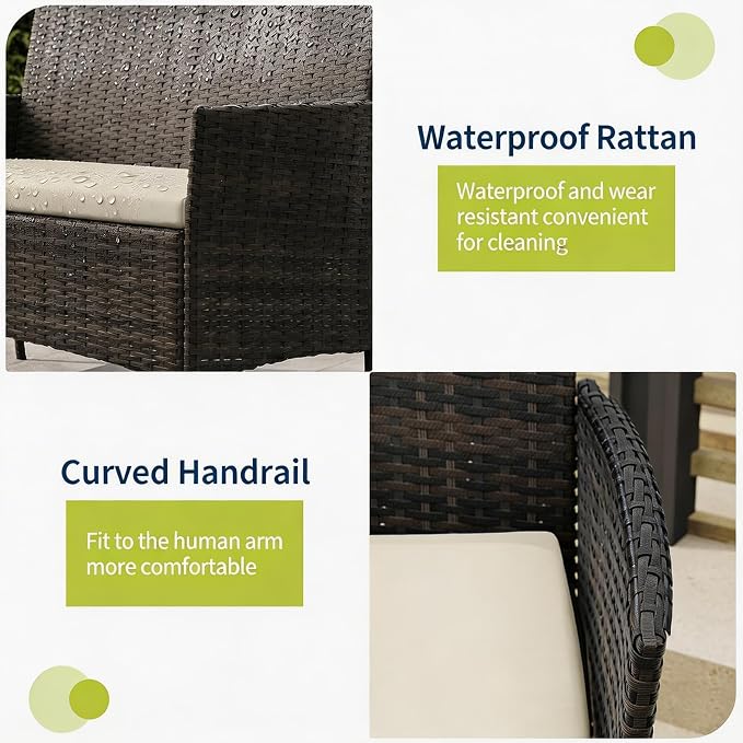 4-Piece Outdoor Furniture Set, PE Rattan Wicker Chairs with Soft Cushions & Tempered Glass Coffee Table - All-Weather Patio Set for Garden, Backyard, Porch, Poolside (Black/Beige)