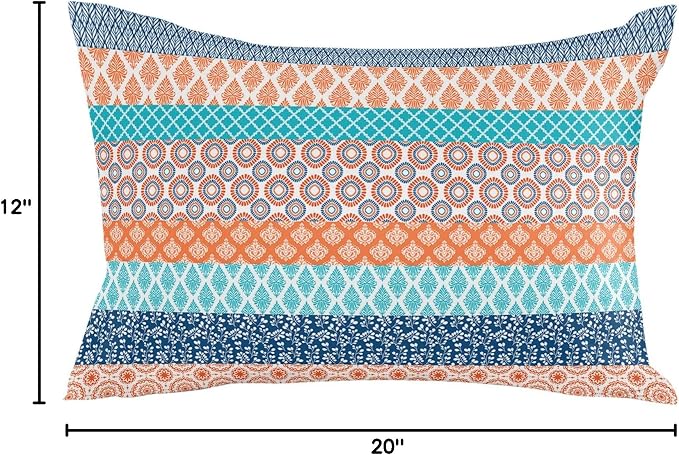 Outdoor Waterproof Pillow Covers Set of 2, Boho Geometric Floral Stripe Ethnic Turquoise Orange Blue Patio Throw Pillow Covers, Decorative Cushion Case for Couch Sofa Furniture Garden, 20x12 Inch