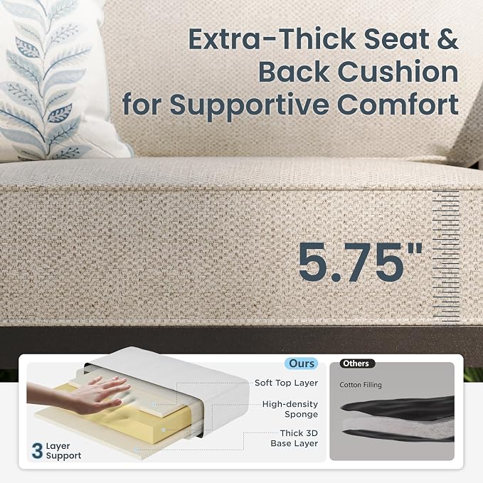 PHI VILLA 6 PCS Outdoor Patio Furniture Sets with 1x 3 Seater 72" Padded Deep Seating Bench, 2 x Cushioned Swivel Armrest Sofa Chairs, 2 x Ottoman and & 1 x Coffee Table for 5-7 Person