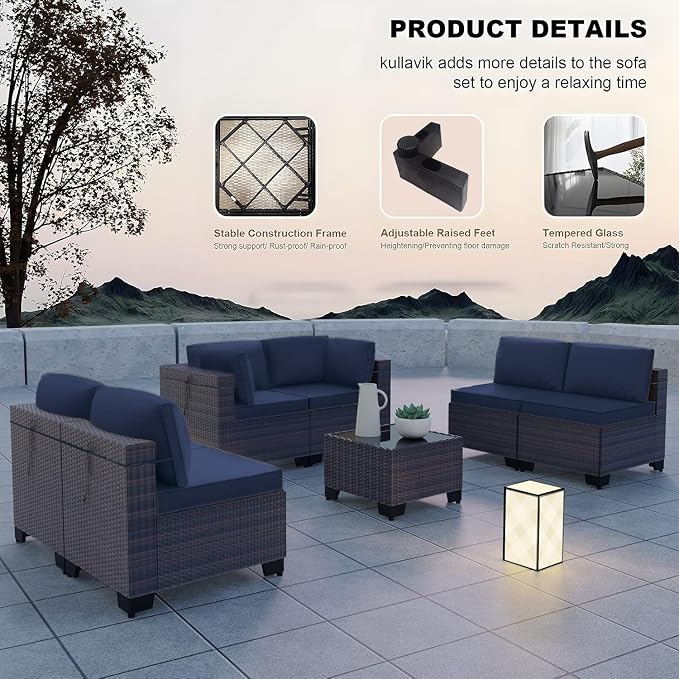 7 Pieces Outdoor Wicker Patio Furniture Set with Rattan Sectional Sofa, Tempered Glass Tea Table and 6 Sand Seat Cushions, Garden Deck Lounge Conversation Couch Set for Backyard Porch