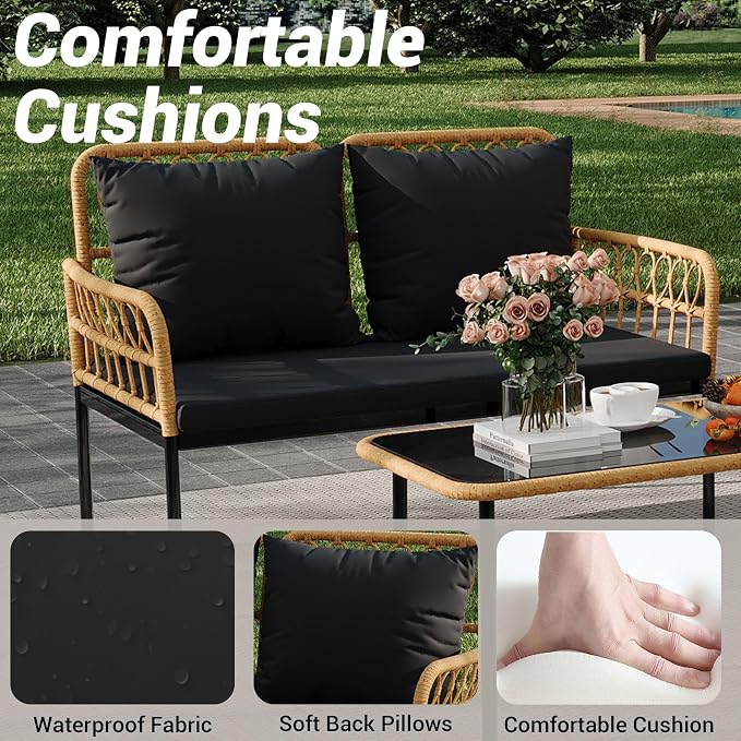 GarveeLife 4 Pieces Patio Furniture Sets Wicker Outdoor Patio Table and Chairs Set with Glass Side Table, Loveseat Chairs, Boho Rattan 4 Seater Conversation Sets for Backyard, Porch, Bistro, Black