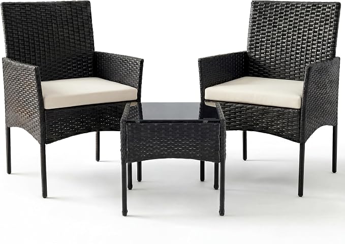 Sweetcrispy 3 Piece Patio Furniture Set, All-Weather Outdoor Conversation Set with Removable Cushions & Tempered Glass Table, Small Bistro Set for Balcony, Porch, Backyard, Deck, Black