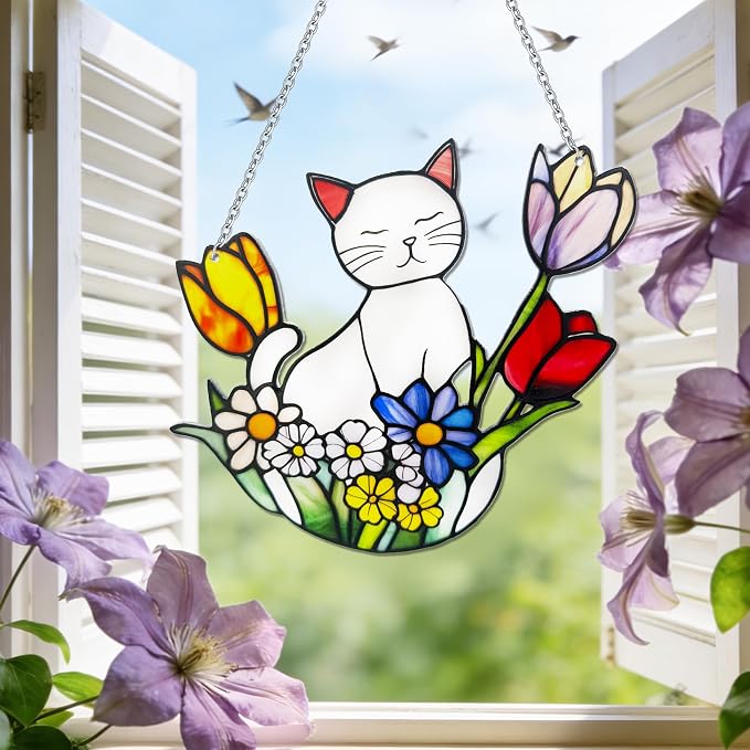 Cat Stained Glass Suncatcher Window, Hanging Sun Catchers Indoor Window, Suncatcher for Nana/Mom/Women (White Cat)