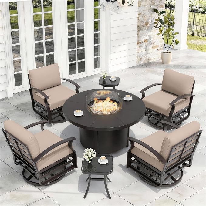ALAULM Aluminum Patio Furniture Set with Coffee Table Rectangular, 5-seat Outdoor Sectional Furniture w/2 Swivel Chairs, Patio Conversation Set for Porch, Backyard, Poolside-Grey