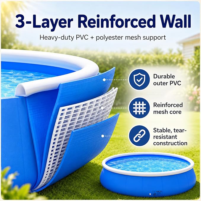 Large Round Inflatable Pool for Kids & Adults, Outdoor Oversized Thickened Family Swimming Pool with Quick Drain & Foldable Mesh Coil Structure, Family Swimming Pool for Backyard